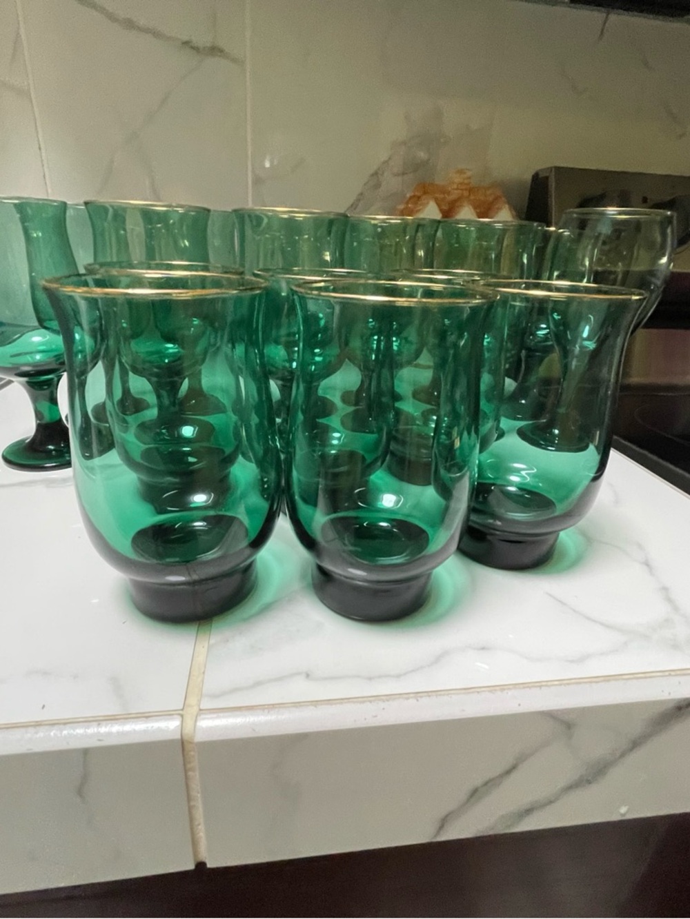 Emerald Green Glass Tumbler Set with Gold Rim - Classic Drinkware